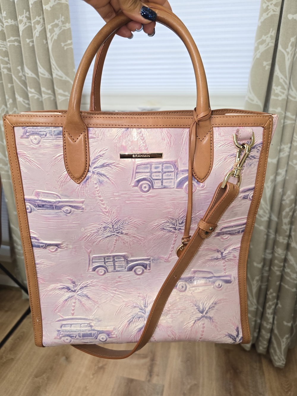 Brahmin Pink Embossed Tote with Tan Leather Trim